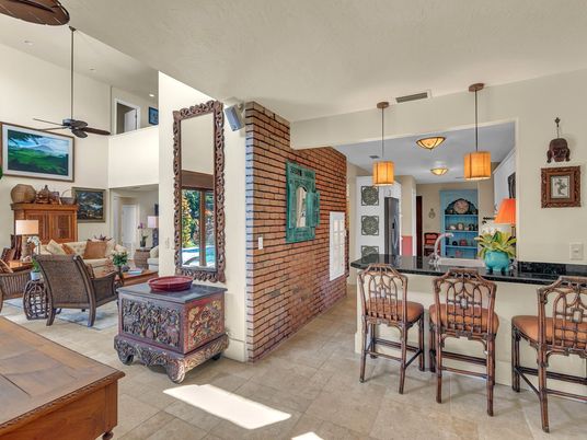 Interior, Kitchen, Living room, Pendant Lights, Stone Walls