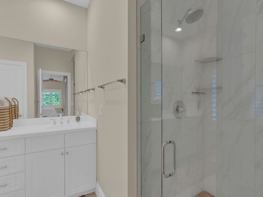 Bathroom, Glass Shower, Interior, Marble Walls, Recessed Lighting