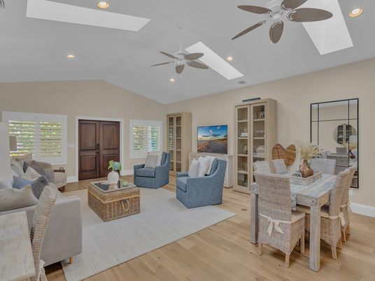 Dining room, Interior, Living room, Recessed Lighting, Wood Texture Flooring