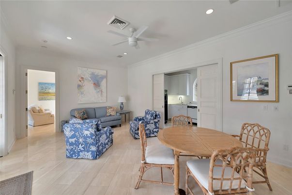 Dining room, Interior, Living room, Recessed Lighting, Wood Texture Flooring