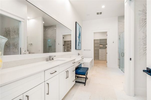 Bathroom, Dual Sink Vanities, Glass Shower, Interior, Recessed Lighting, Walk-in Closets