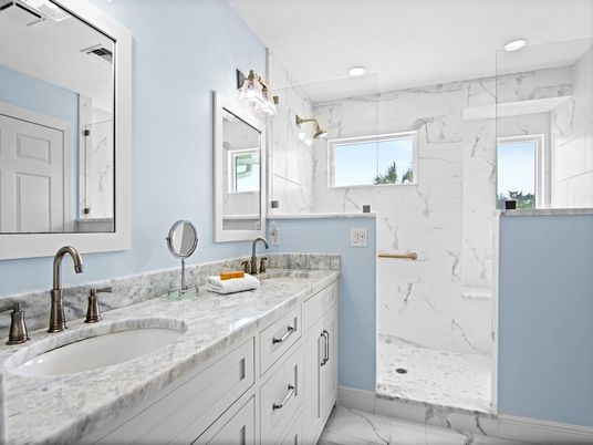Bathroom, Dual Sink Vanities, Interior, Marble, Marble Walls, Recessed Lighting