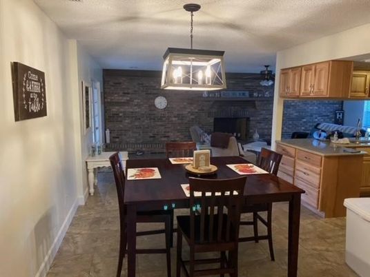 Dining room, Interior, Kitchen, Pendant Lights, Stone Walls