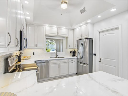 Interior, Kitchen, Marble, Recessed Lighting, Stainless Steel Appliances