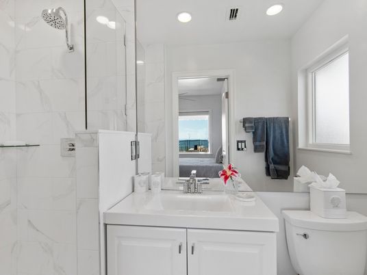 Bathroom, Glass Shower, Interior, Marble Walls, Recessed Lighting