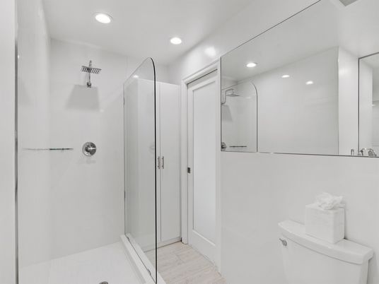 Bathroom, Glass Shower, Interior, Recessed Lighting, Wood Texture Flooring
