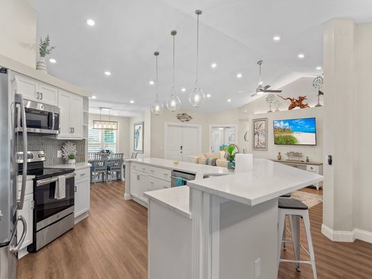 Dining room, Interior, Kitchen, Pendant Lights, Recessed Lighting, Stainless Steel Appliances, Wood Texture Flooring