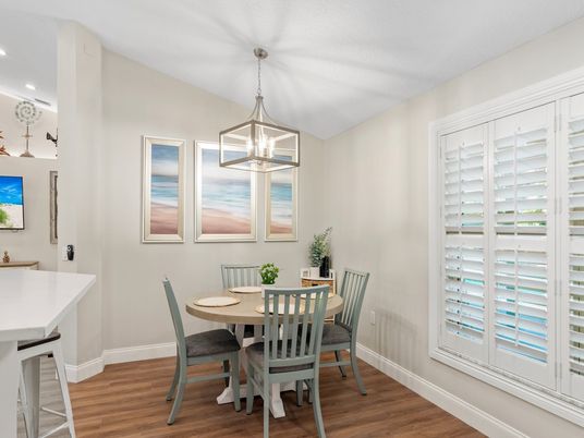 Dining room, Interior, Pendant Lights, Recessed Lighting, Wood Texture Flooring