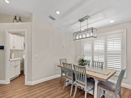 Dining room, Interior, Pendant Lights, Recessed Lighting, Wood Texture Flooring
