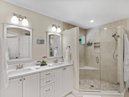 Bathroom, Dual Sink Vanities, Glass Shower, Interior, Recessed Lighting