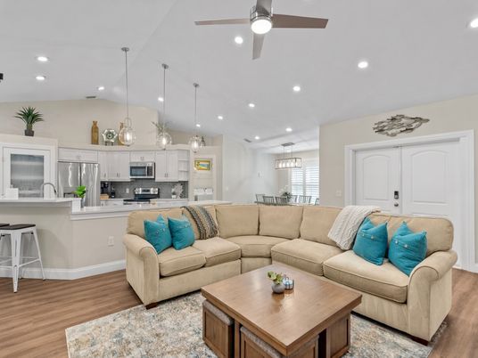 Dining room, Interior, Kitchen, Living room, Pendant Lights, Recessed Lighting, Stainless Steel Appliances, Wood Texture Flooring