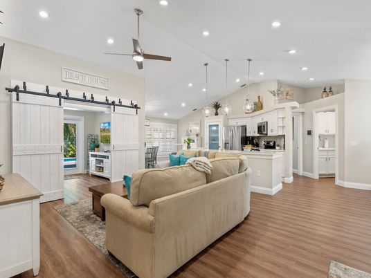 Dining room, Interior, Kitchen, Living room, Pendant Lights, Recessed Lighting, Stainless Steel Appliances, Wood Texture Flooring