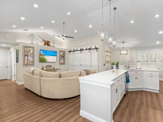 Interior, Kitchen, Living room, Pendant Lights, Recessed Lighting, Wood Texture Flooring