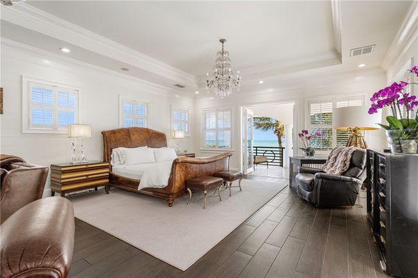 Bedroom, Chandelier, Interior, Recessed Lighting, Wood Texture Flooring