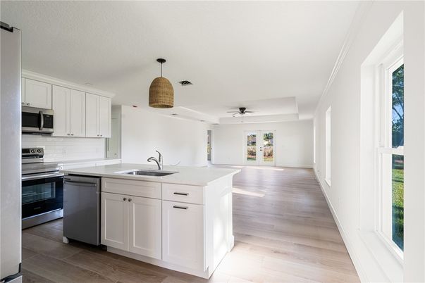 Interior, Kitchen, Recessed Lighting, Stainless Steel Appliances, Wood Texture Flooring
