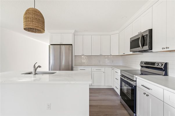 Interior, Kitchen, Pendant Lights, Stainless Steel Appliances, Wood Texture Flooring