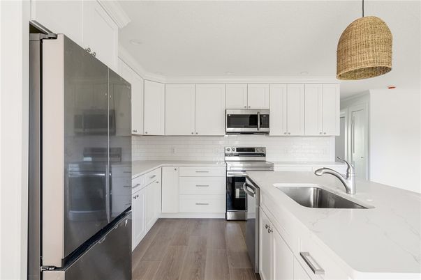 Interior, Kitchen, Pendant Lights, Stainless Steel Appliances, Wood Texture Flooring