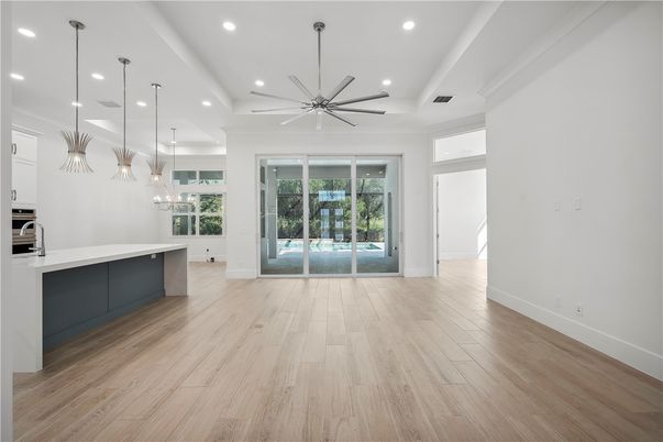 Empty room, Interior, Kitchen, Pendant Lights, Recessed Lighting, Wood Texture Flooring