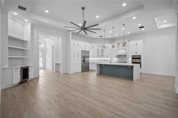 Interior, Kitchen, Pendant Lights, Recessed Lighting, Stainless Steel Appliances, Wood Texture Flooring