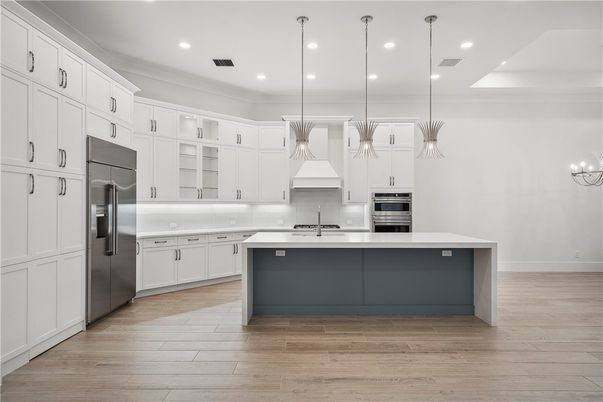 Interior, Kitchen, Pendant Lights, Recessed Lighting, Stainless Steel Appliances, Wood Texture Flooring