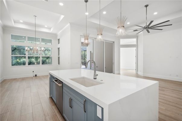 Chandelier, Interior, Kitchen, Pendant Lights, Recessed Lighting, Wood Texture Flooring