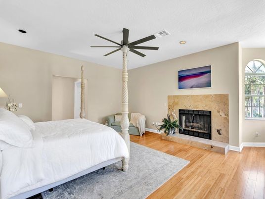 Bedroom, Fireplace, Interior, Recessed Lighting, Wood Texture Flooring
