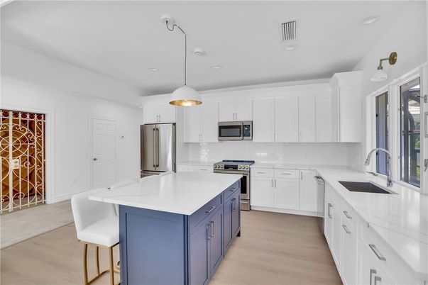 Interior, Kitchen, Pendant Lights, Recessed Lighting, Stainless Steel Appliances, Wood Texture Flooring