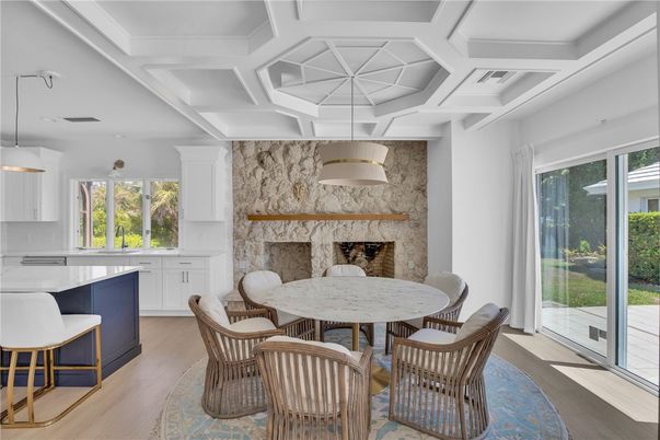 Dining room, Fireplace, Interior, Kitchen, Pendant Lights, Stone Walls, Wood Texture Flooring