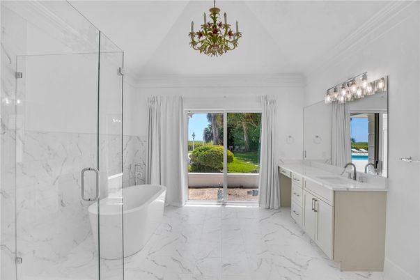 Bathroom, Dual Sink Vanities, Free Standing Baths, Glass Shower, Interior, Marble, Marble Walls