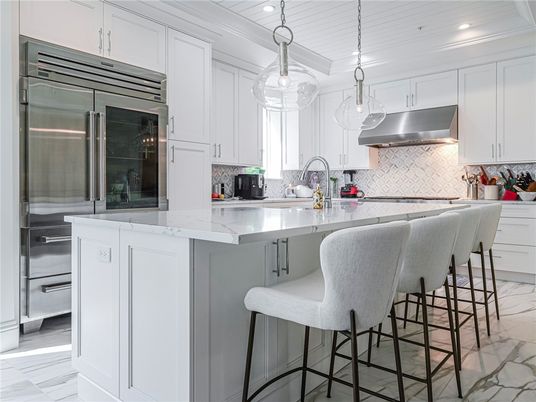 Interior, Kitchen, Marble, Pendant Lights, Recessed Lighting, Stainless Steel Appliances