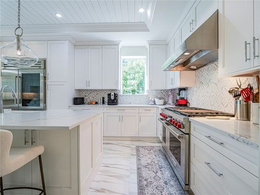 Interior, Kitchen, Marble, Pendant Lights, Recessed Lighting, Stainless Steel Appliances