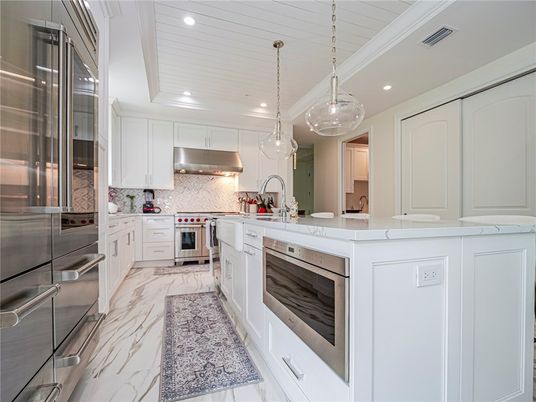 Interior, Kitchen, Marble, Pendant Lights, Recessed Lighting, Stainless Steel Appliances