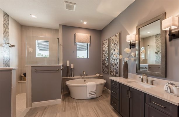 Bathroom, Dual Sink Vanities, Free Standing Baths, Interior, Recessed Lighting, Wood Texture Flooring