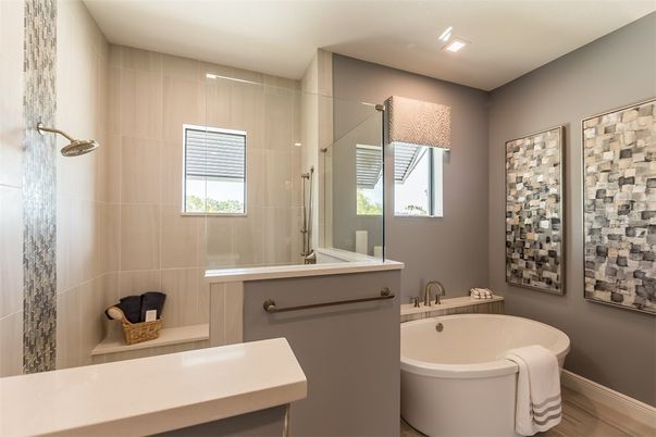 Bathroom, Glass Shower, Interior, Recessed Lighting, Wood Texture Flooring