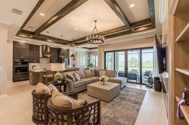 Chandelier, Interior, Kitchen, Living room, Pendant Lights, Recessed Lighting, Stainless Steel Appliances, Wooden Beams