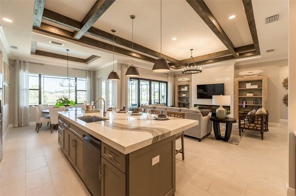 Chandelier, Dining room, Interior, Kitchen, Living room, Pendant Lights, Recessed Lighting, Stainless Steel Appliances, Wooden Beams
