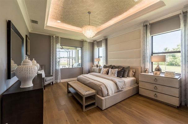Bedroom, Chandelier, Interior, Wood Texture Flooring