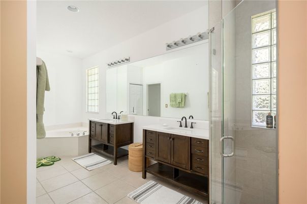 Bathroom, Dual Sink Vanities, Glass Shower, Interior, Recessed Lighting