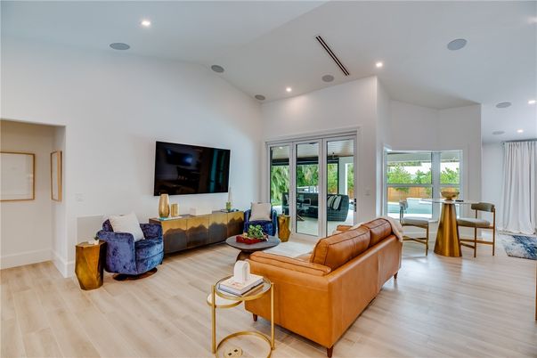Dining room, Interior, Living room, Recessed Lighting, Wood Texture Flooring