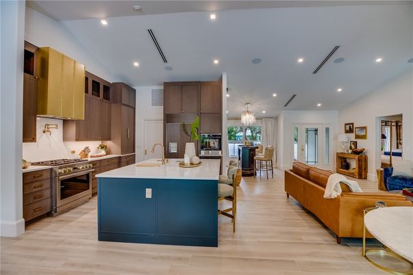 Chandelier, Dining room, Interior, Kitchen, Living room, Recessed Lighting, Stainless Steel Appliances, Wood Texture Flooring