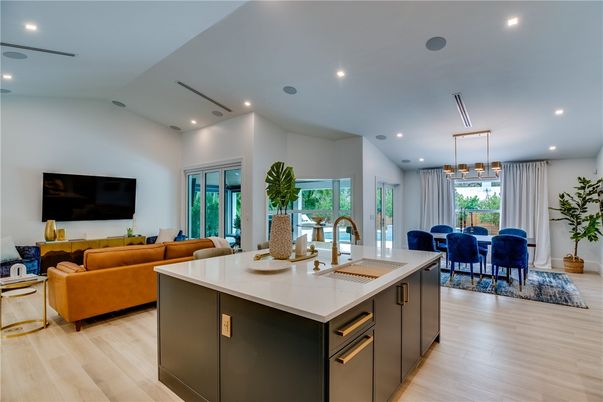 Dining room, Interior, Kitchen, Living room, Pendant Lights, Recessed Lighting, Wood Texture Flooring