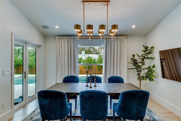 Dining room, Interior, Pendant Lights, Recessed Lighting, Wood Texture Flooring
