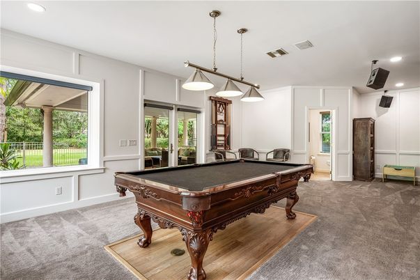 Billiard Table, Game Room, Interior, Pendant Lights, Recessed Lighting, Wood Texture Flooring