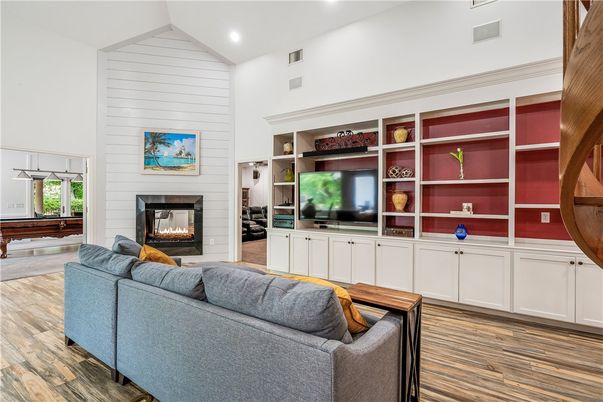 Fireplace, Interior, Living room, Recessed Lighting, Wood Texture Flooring