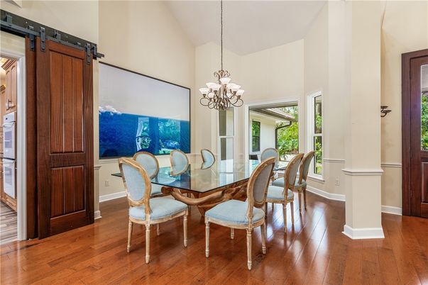 Chandelier, Dining room, Interior, Wood Texture Flooring
