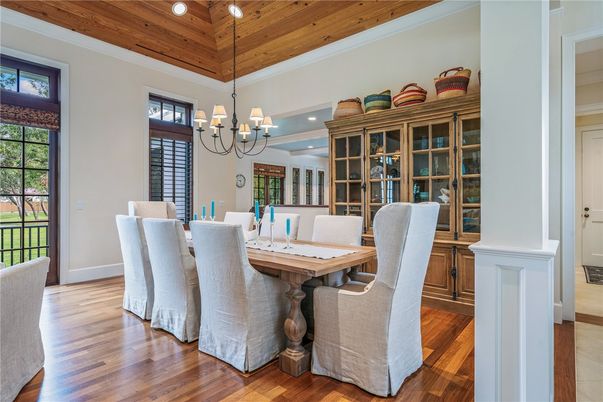 Chandelier, Dining room, Interior, Recessed Lighting, Wooden Ceilings, Wood Texture Flooring