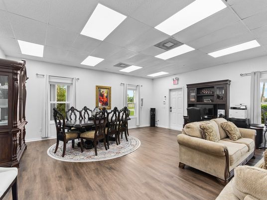 Dining room, Interior, Living room, Recessed Lighting, Wood Texture Flooring