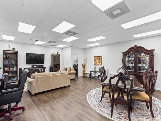 Dining room, Interior, Living room, Recessed Lighting, Wood Texture Flooring