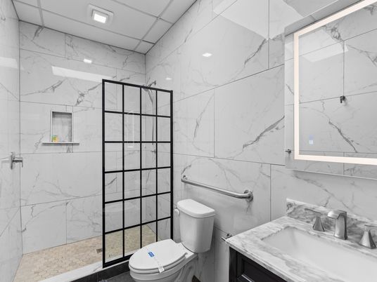 Bathroom, Glass Shower, Interior, Marble Walls, Recessed Lighting