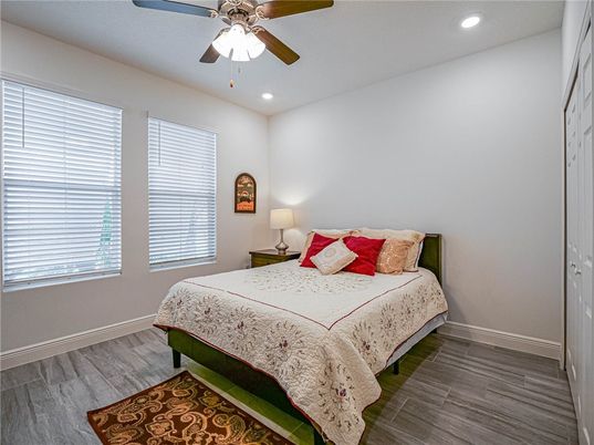 Bedroom, Interior, Recessed Lighting, Wood Texture Flooring